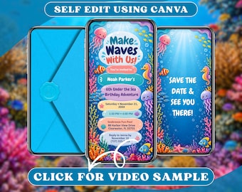 Digitale uitnodiging voor een verjaardagsfeest met onderwaterthema: video met geanimeerde schildpadden, zwembadfeest, zomerse oceaan- en koraalrif-thema voor kinderen.