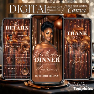 Op de afbeelding: Een digitale uitnodiging voor een 20e verjaardags-diner. De uitnodiging heeft een bruin en gouden kleurenschema met een foto van de jarige. De tekst op de uitnodiging luidt "Verjaardags-diner" en "Vier samen met ons Madisons 20e verjaardag".