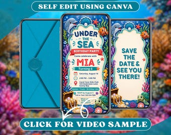 Digitala inbjudningskort till födelsedag under havet, animerade barndelfiner, sköldpaddor, poolparty, sommarhav, korallrev onlineinbjudan