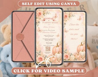 Girl Pumpkin Baby Shower Invitation Digital, Peach Floral Fall Party Online Invite, Blush Pink Butterfly Autumn, Animated Mobile Video Evite