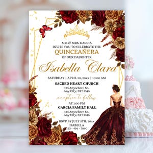 Bourgondische rode en gouden quinceañera uitnodiging, quinceanera rode uitnodigingen, Sweet 15 Years Birthday Party, Floral Mis Quince Anos Xv uitnodigen