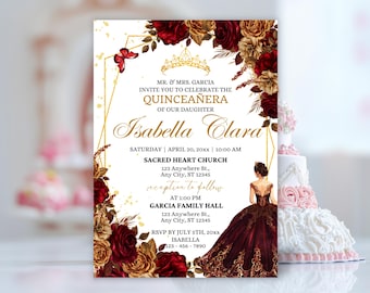 Burgundy Red and Gold Quinceañera Invitation, Quinceanera Red Invitations, Sweet 15 Years Birthday Party, Floral Mis Quince Anos Xv Invite