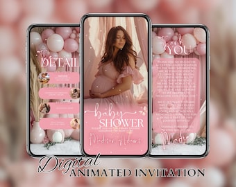 Pink Baby Shower Invitation, Boho Baby Shower Invite, Girl Baby Shower Invitations, Digital Evite, Party Favors, Baby Shower Video Invite