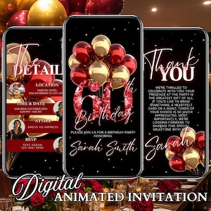 Può includere: Un invito digitale animato per una festa di compleanno di 60 anni. L'invito presenta uno sfondo nero con palloncini rossi e dorati, un 60 scintillante e il testo "60th Birthday" e "Si prega di unirsi a noi per una festa di compleanno in onore di Sarah Smith".