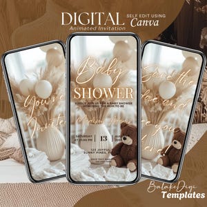 Bruine babyshower, uitnodiging boho babyshower, genderneutrale babyshower, geanimeerde babyshower uitnodiging, digitale Evite, video babyshower