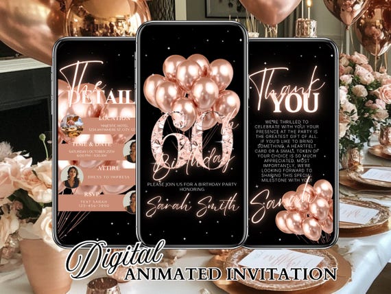 Digital Rose Gold 60th Birthday Dinner Classy Invitation: Animated Brunch Party Mobile Video Evite, Fabulous Online Invite Canva Template