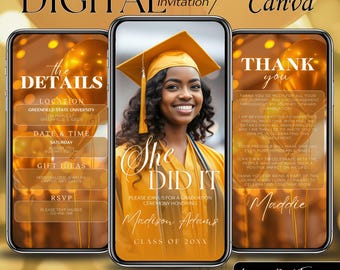 Yellow Gold Grad Invite, Digital Download, Graduation Video Evite, Animated Congrats Grad Party Invitation, Canva Templates, Save the Date