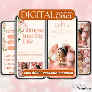 Clickable RSVP Digital Quinceañera Invitation: Trackable Guest List (Canva Template)