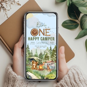 Modelo de convite para um campista feliz, convite para celular de 1º aniversário, campista rústico, aniversário com tema de acampamento, um ano de idade, vídeo animado