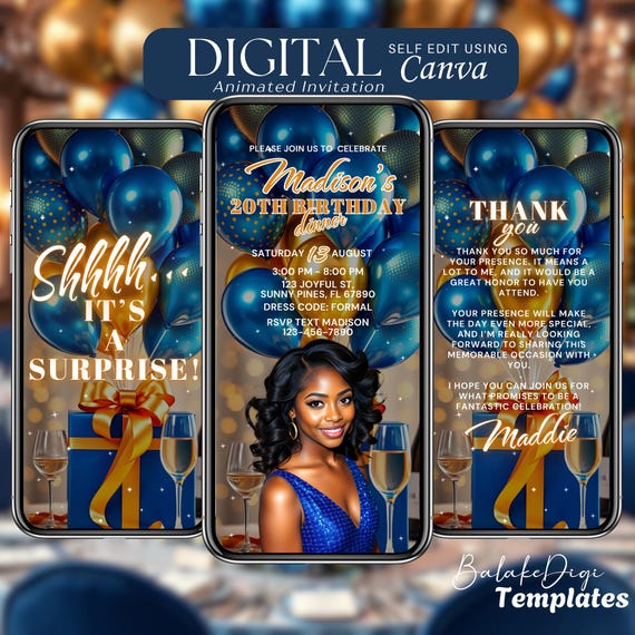 Blue and Gold Surprise Birthday Invitation Digital: Animated Birthday  Dinner Invite, Brunch Party, Video Evite, Save the Date Canva Template