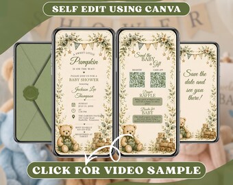 Sage Green Teddy Bear Baby Shower Invitation Digital, Greenery Woodland Party Invite, Gender Neutral Reveal, Animated Mobile Video Evite