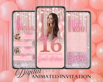 Sweet 16 Birthday Invitation, Animated 16th Bday Party Invite, Sixteen Blush Pink Balloon Theme, Editable Rose Gold Mobile Text Virtual Card