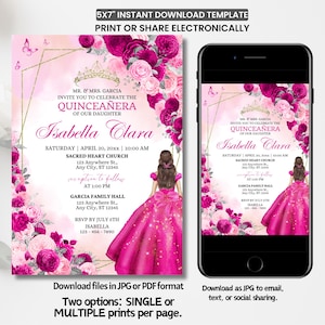 Może przedstawiać: Szablon zaproszenia na Quincea&ntilde;era w kolorze r&oacute;żowym i złotym z kwiatowym wzorem i dziewczyną w r&oacute;żowej sukni. Tekst brzmi "MR. & MRS. GARCIA INVITE YOU TO CELEBRATE THE QUINCEA&Ntilde;ERA OF OUR DAUGHTER Isabella Clara" i zawiera datę, godzinę i miejsce wydarzenia.