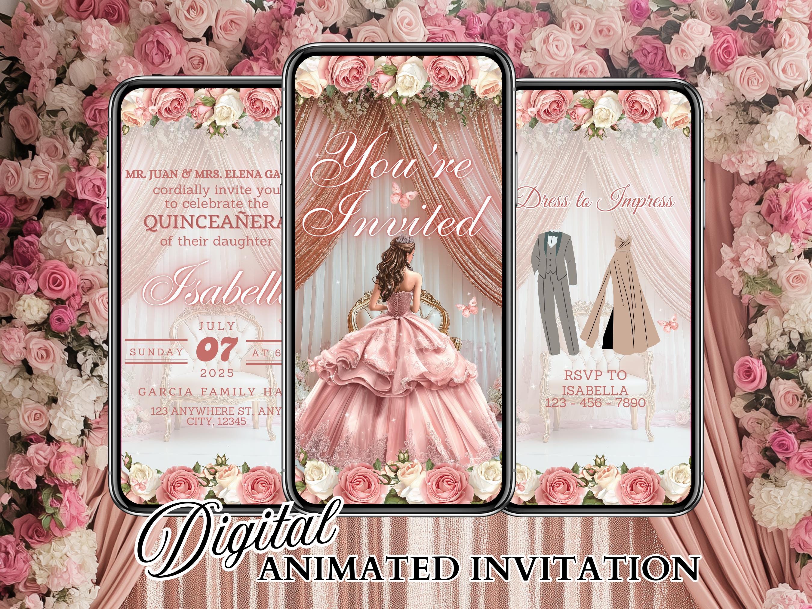 Blush Pink Quinceanera Invitations Video Animated Mis Quince Anos XV Invite Rose Gold 15 Birthday Invitation, Invitación de Quinceañera Rosa