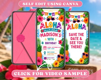 Aloha Pineapple Pool videoverjaardagsuitnodiging met envelop digitale evites, geanimeerde Luau-feestzwemmen, Splash zomerweekenduitnodiging