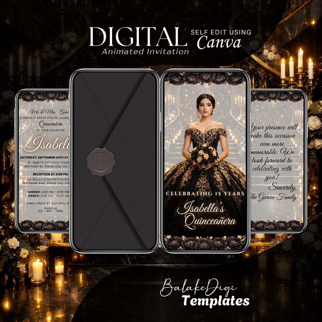 Digital Quinceanera Invitation With Envelope, Black and Gold ...
