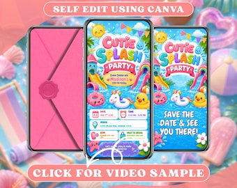 Schattig zwembadfeest video-verjaardagsuitnodiging met envelop digitale evites, geanimeerde kinderen zwemmen bash, zomer splash tropisch weekend uitnodigen