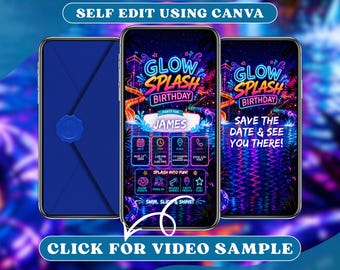 Neon Summer Splash Pool Party verjaardag video-verjaardagsuitnodiging met envelop digitale evites, geanimeerde kinderen zwemmen bash, tropisch weekend uitnodigen