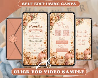Pink Pumpkin Baby Shower Invitation Digital, Girl Fall Autumn Party Online Invite, Animated Mobile Video Evite, Editable Canva Template