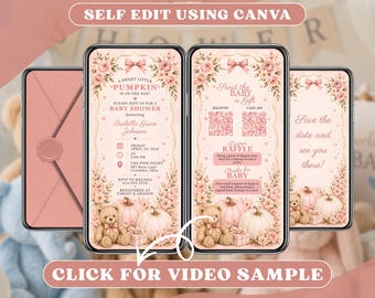 Pink Pumpkin Baby Shower Invitation Digital, Floral Teddy Bear Invite, Blush Fall Girl Baby Shower Template, Animated Mobile Video Evite