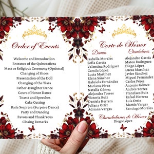 Burgundy Red and Gold Quinceanera Program Template Quinceañera Order of Events Quince Damas de Honor Corte Mis Quince Anos XV Padrinos List