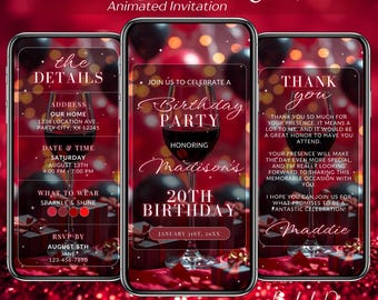 Faire-part d'anniversaire rouge : dîner numérique, invitation à un brunch d'anniversaire, vidéo d'invitation animée, modèle modifiable sur toile, itinéraire d'anniversaire