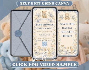 Blue Boy Baby Shower Invitation, Teddy Bear Floral Party Invite, Vintage Nursery Animals, Mobile Video, Animated Digital Evite, Online Card