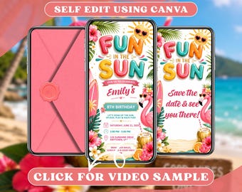 Fun in the Sun video-verjaardagsuitnodiging met envelop digitale evites, geanimeerde strandbadfeest zwempartij, Splash online zomeruitnodiging