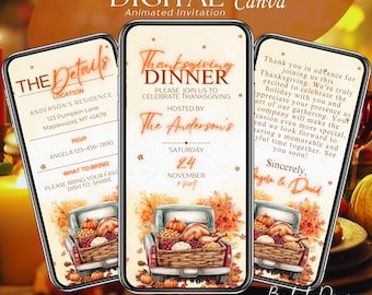 Uitnodiging Thanksgiving-diner, uitnodiging herfstfeest, digitale download, geanimeerde uitnodigingen, Friendsgiving-feest, video-avond, Canva Save the Date