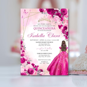 Convite Fuscia Rosa Quinceanera EDITÁVEL Doce 15 Anos Modelo de Convite de Festa Añera Mis Quince Anos Invitaciones Quinceañera Rosa XV