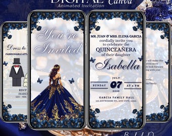 Navy Blue and Gold Quinceanera Invitation Digital, Animated Mis XV Anos, 15th Birthday Invite Template, Quince Video, Save the Date Evite