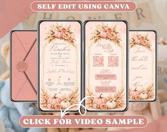 Pink Pumpkin Baby Shower Invitation Digital, Floral Baby Shower Invite, Blush Fall Girl Baby Shower Template, Animated Mobile Video Evite