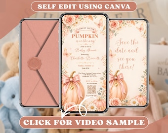 Girl Pumpkin Baby Shower Invitation Digital, Peach Floral Fall Party Online Invite, Blush Pink Butterfly Autumn, Animated Mobile Video Evite
