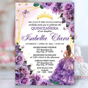 Convite Quinceañera, Convites Roxo Quinceanera Espanhol, Convite Lilás Quinceañera, Convite Mis Quince Años XV, Aniversário de 15 anos