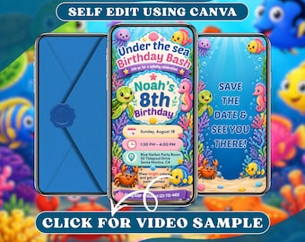 Digitale uitnodiging voor een verjaardagsfeest met onderwaterthema: video met geanimeerde schildpadden, zwembadfeest, zomerse oceaan- en koraalrif-thema voor kinderen.
