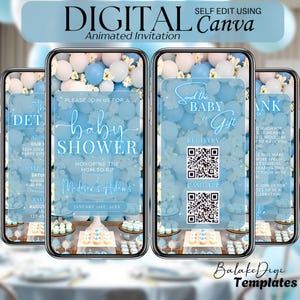 May include: Digital animated baby shower invitation displayed on smartphones. The design features a blue and white color scheme with text that reads "Baby Shower" and event details. Includes QR codes for registry and cash app.