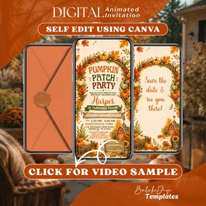 May include: Three smartphones display a digital animated invitation for a Pumpkin Patch Party. The screens feature autumn leaves, pumpkins, a red barn, and text details for a birthday celebration. One phone shows a closed orange envelope with a wax seal.
