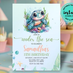 Invitación de cumpleaños bajo el mar, editable, plantilla, temática oceánica, infantil, tortuga marina, subacuático, náutico, tarjeta, imprimible