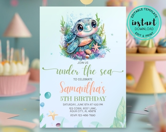 Under the Sea Birthday Invitation, Digital Sea Turtle Birthday Canva Template, Editable Ocean Birthday Theme Invite, Printable Birthday Card