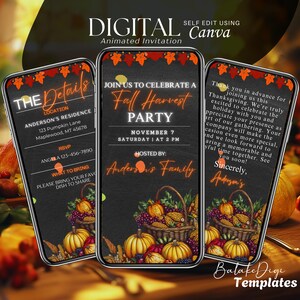 Peut inclure: Invitation numérique animée pour une fête des récoltes d'automne. La conception présente des citrouilles, du maïs et des raisins dans des paniers. L'invitation comprend la date, l'heure et le lieu, avec le texte "Fall Harvest Party".