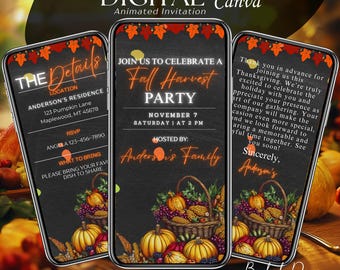 May include: Digital animated invitation for a Fall Harvest Party. The design features pumpkins, corn, and grapes in baskets. The invitation includes the date, time, and location, with the text "Join us to celebrate a Fall Harvest Party."