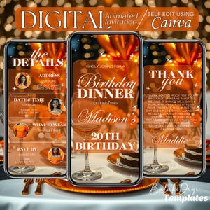 Verjaardag diner digitale video-uitnodiging verjaardagsuitnodiging oranje verjaardag Evite geanimeerde tekst verjaardagskaart luxe uitnodiging tienerfeest