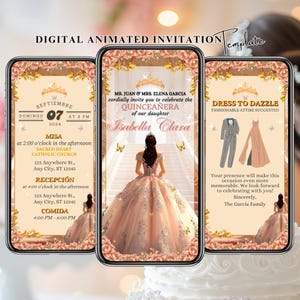 Rose Gold Quinceanera Video Invitation Mis Quince Años Invitación Animada Blush Sweet 15 Años Editable Digital Invitaciones de Quinceañera