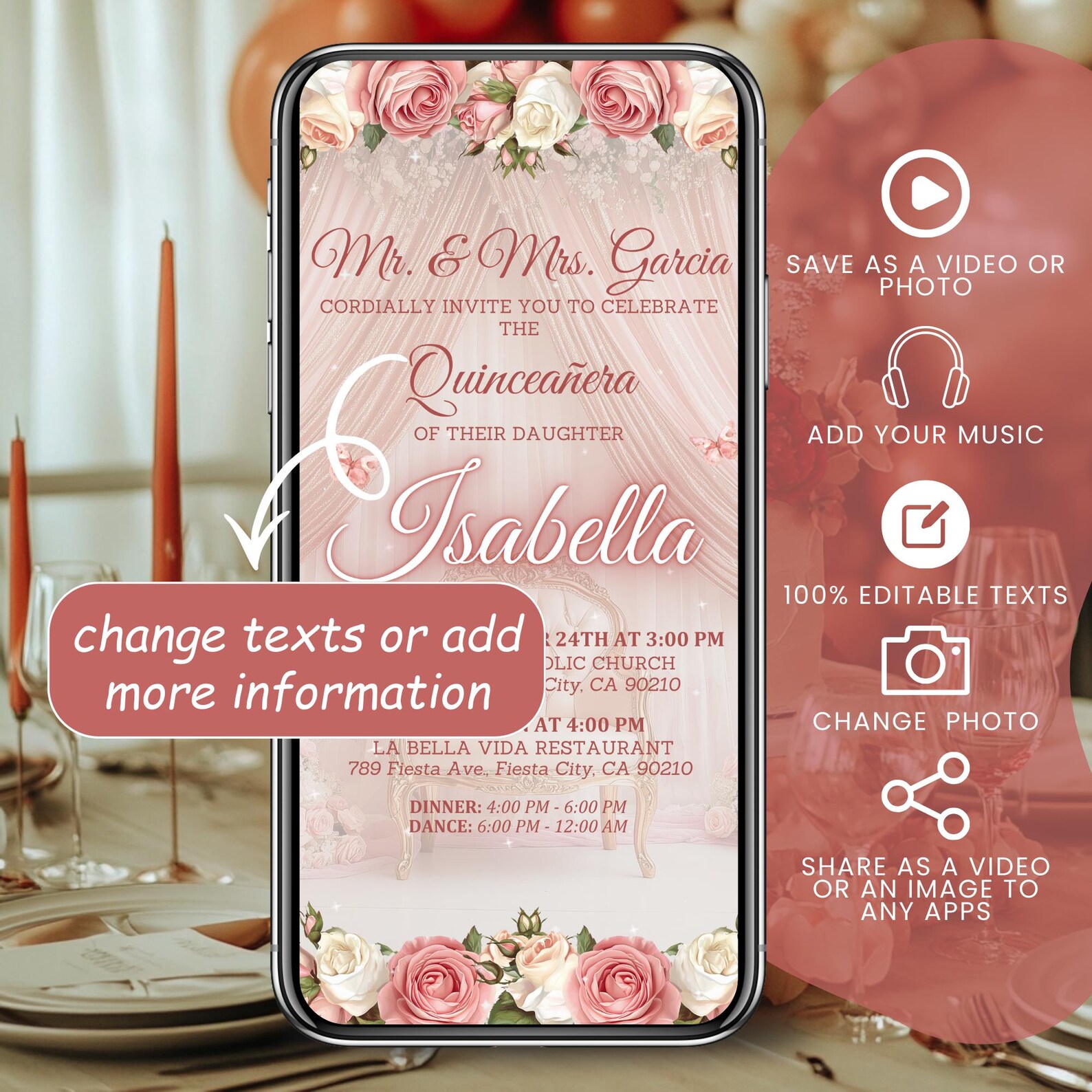 Blush Pink Quinceanera Invitation Digital, Animated Mis XV Anos, 15th ...