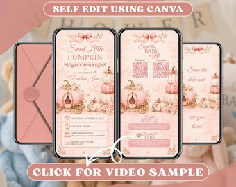 Blush Pink Pumpkin Baby Shower Invitation Digital, Floral Fairytale Carriage Fall Autumn Party Online Invite, Animated Mobile Video Evite