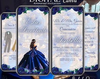 Royal Blue Quinceanera Invitation Digital, Animated Mis XV Template, 15 Years Old Birthday Video, Mis Quince Anos Evite, Save the Date Canva