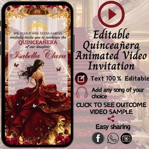 Burgundy Red and Gold Quinceanera Invitation Video Mis Quince Años XV Animated Invite Red Sweet 15 Years Digital Invitaciones de Quinceañera