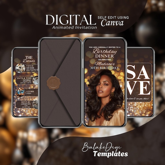 Modern Birthday Invitation with Envelope Digital, Video Evite, Animated Gold Dinner Invite, 20th 30th 40th 50th 60th 70th 80th, Brunch Party