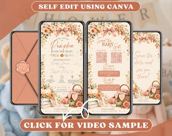 Pink Pumpkin Baby Shower Invitation Digital, Girl Fall Autumn Party Online Invite, Animated Mobile Video Evite, Editable Canva Template