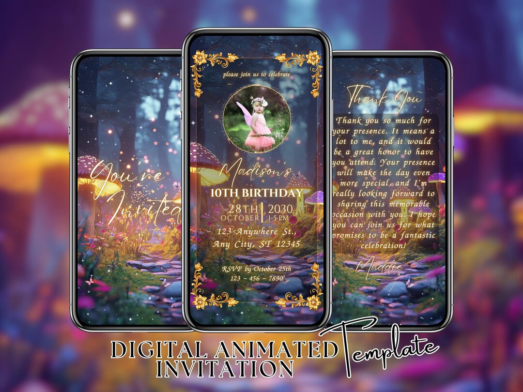 Forest Rave Invite Enchanted Forest Birthday Party Digital Invitation: Animated Fairy Dust ...